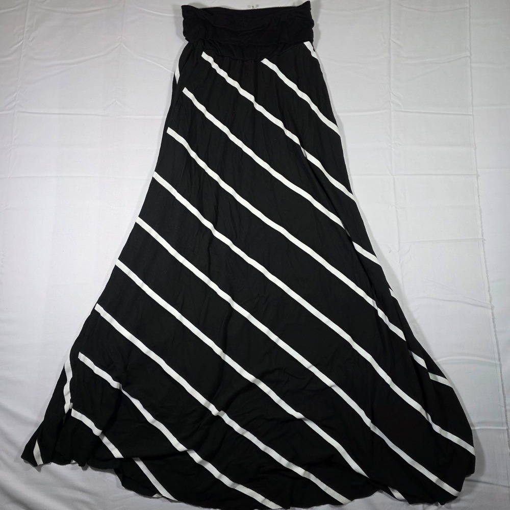 Renee C. Black White Diagonal Stripe Fold Over Waist Maxi Skirt Made in USA